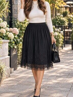 NWOT Raindrop Black Embellished Lace Midi Skirt Elegant Evening Party